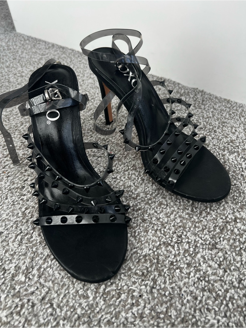 XOXO Black Studded Ankle-Tie High Heel Sandals